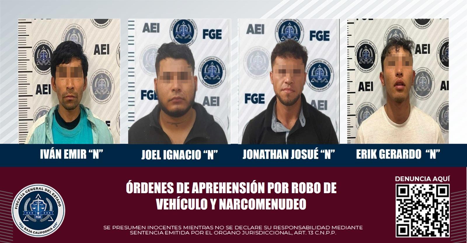 Son detenidos cuatro hombres con orden de aprehensión, por robo de vehículo y narcomenudeo