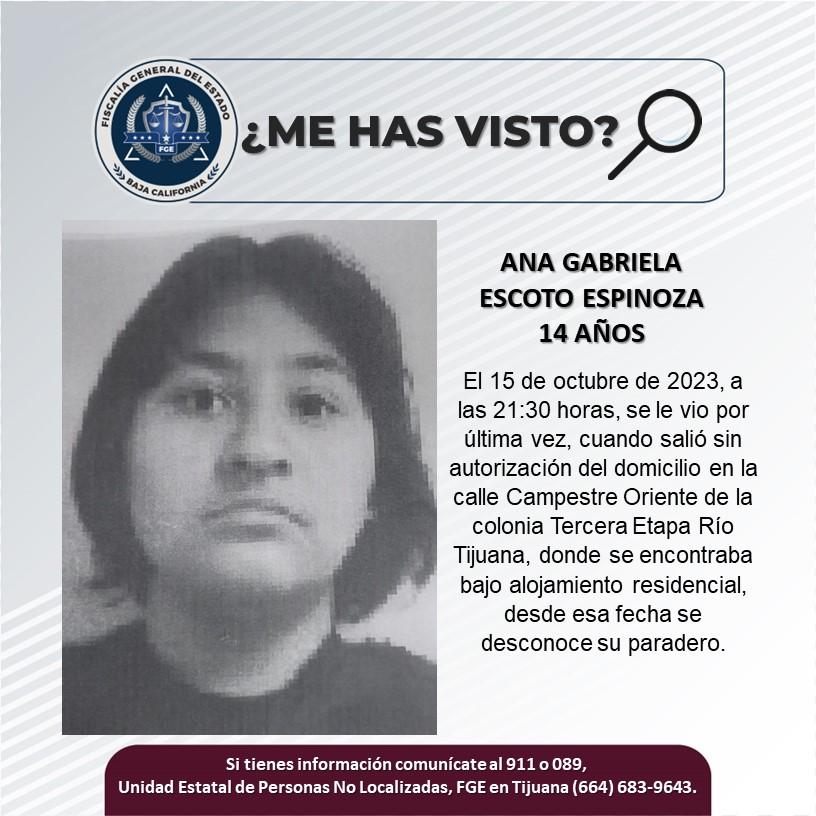 Servicio social: Se busca a Ana Gabriela Escoto Espinoza de 14 años