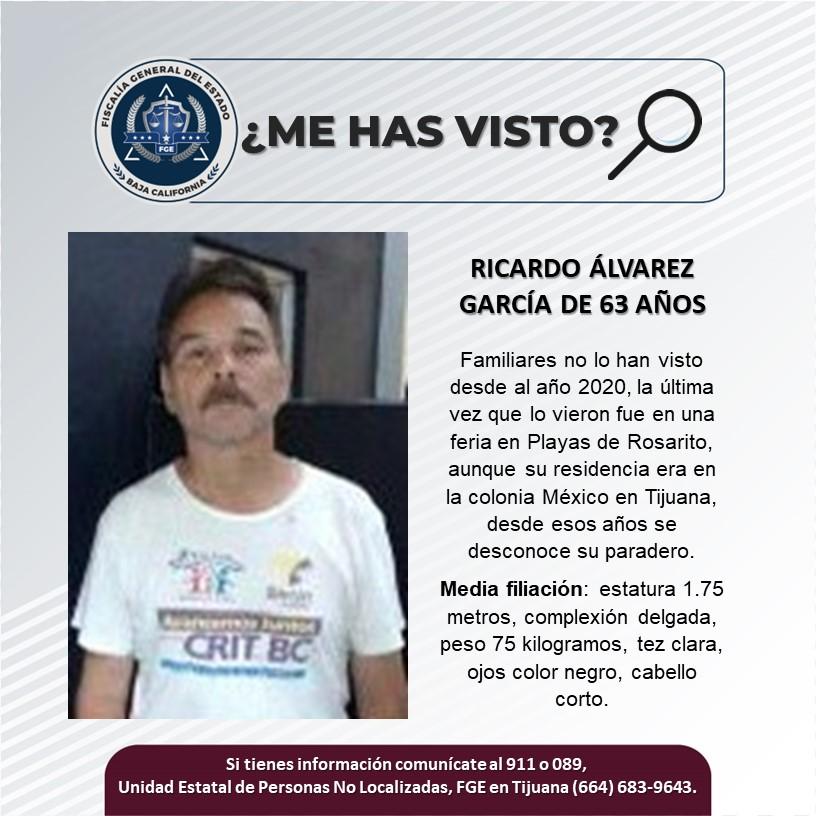 Servicio social: Se busca a Ricardo Álvarez García de 63 años