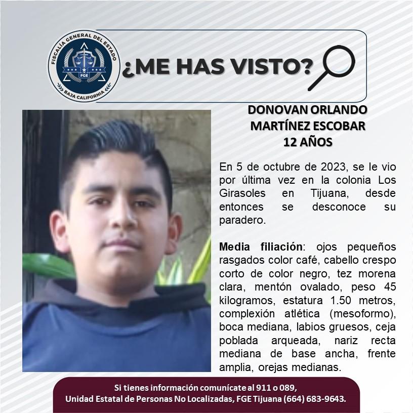 Servicio social: Se busca a Donovan Orlando Martínez Escobar de 12 años