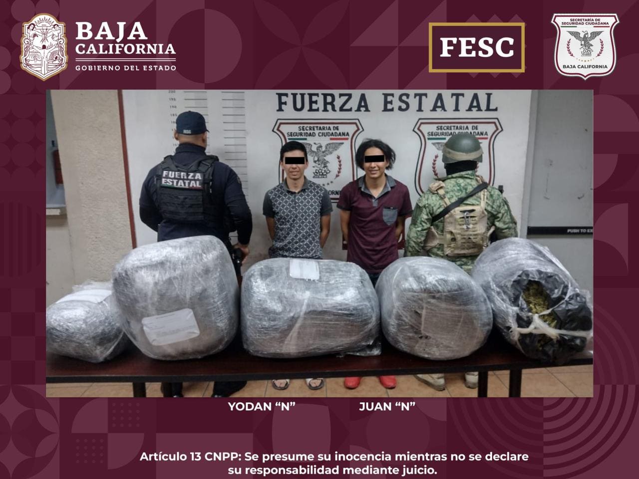 ASEGURAN FUERZA ESTATAL Y SEDENA 45 KILOS DE MARIHUANA EN MEXICALI