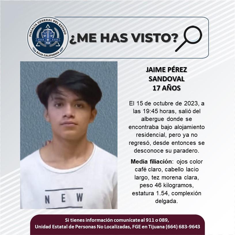 Servicio social: Se busca a Jaime Pérez Sandoval de 17 años