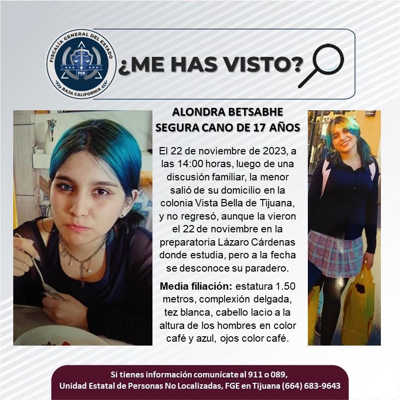 Servicio social: Se busca a Alondra Betsabhe Segura Cano de 17 años