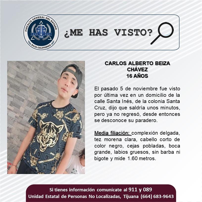 Servicio social: Se busca a Carlos Alberto Beiza Chávez de 16 años