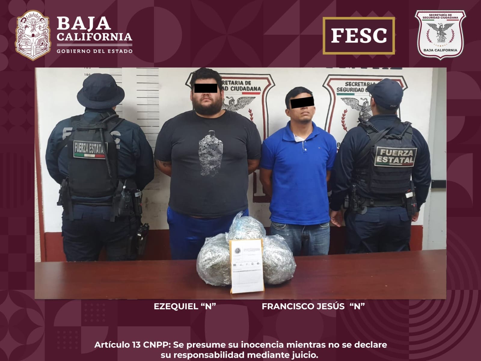 SORPRENDE FUERZA ESTATAL A DOS HOMBRES EN POSESIÓN DE MARIHUANA Y COCAÍNA EN MEXICALI