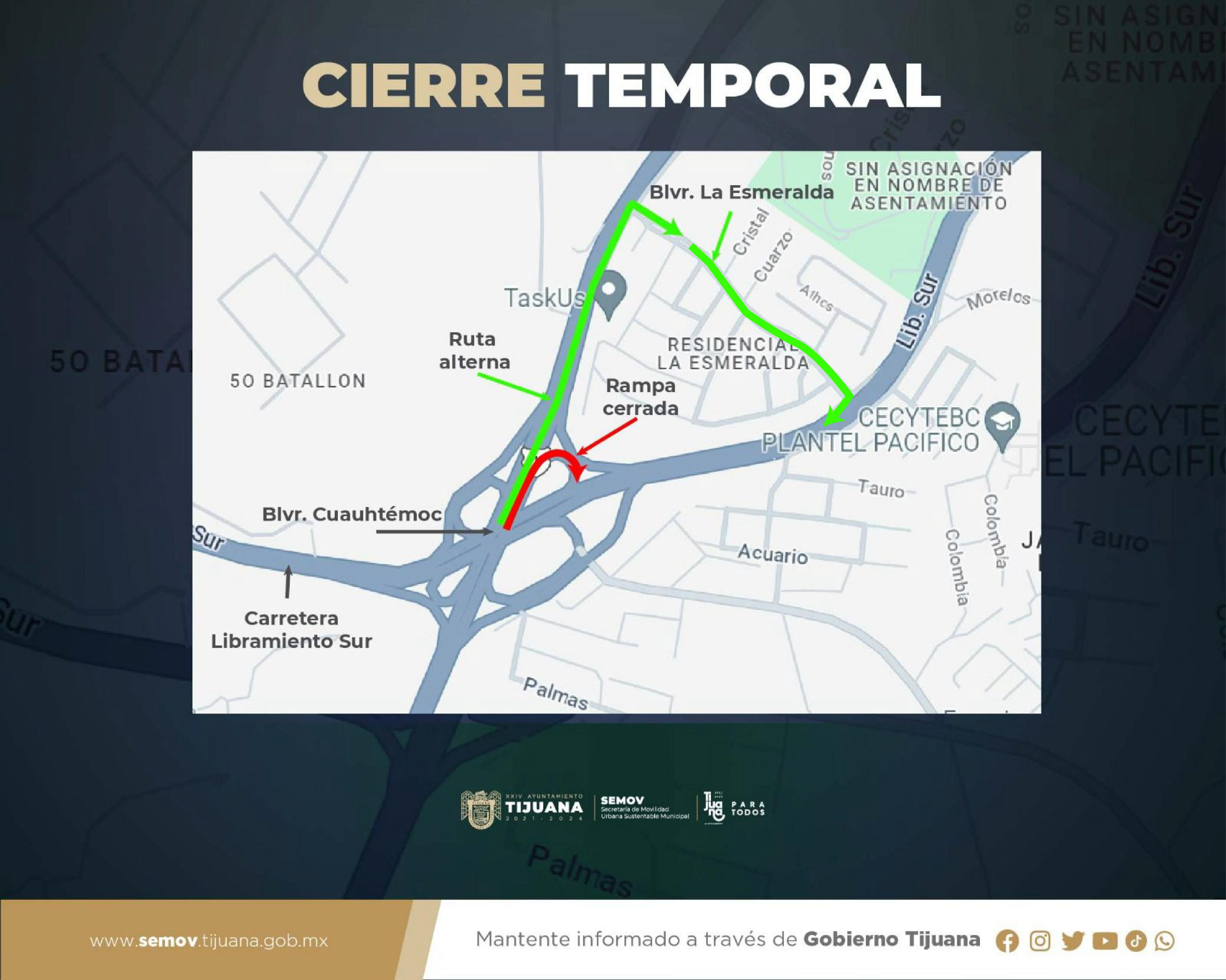 Ayuntamiento de Tijuana informa sobre ruta alterna ante cierre temporal de rampa de bulevar Cuauhtémoc