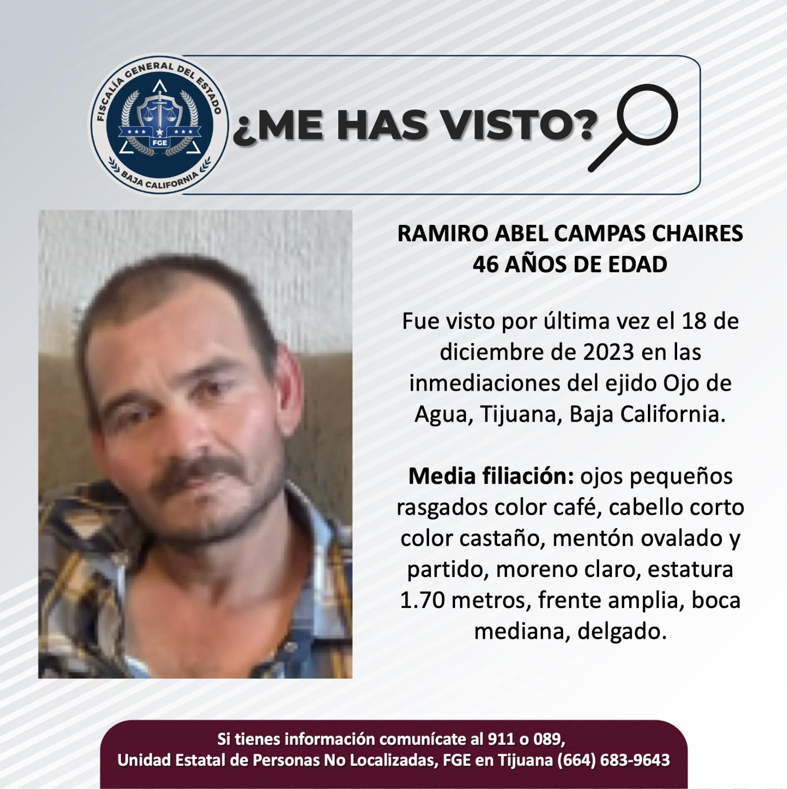 Servicio social: Se busca a Ramiro Abel Campas Chaires de 46 años.