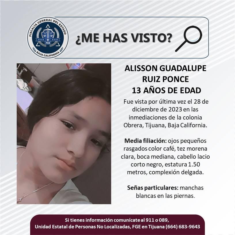 Servicio social: Se busca a Alisson Guadalupe Ruiz Ponce de 13 años de edad.