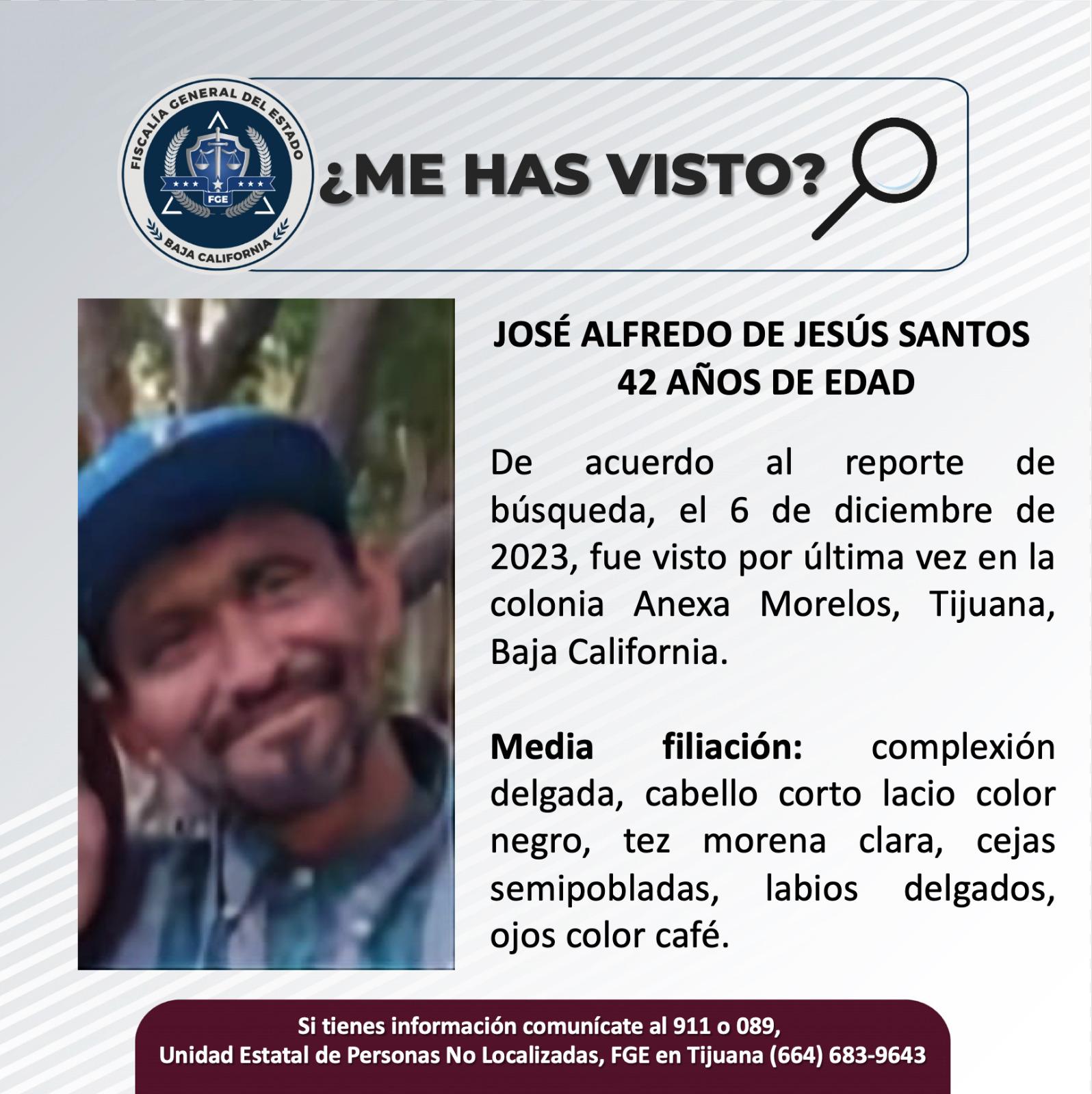 Servicio social: Se busca a de José Alfredo De Jesús Santos, 42 años de edad.