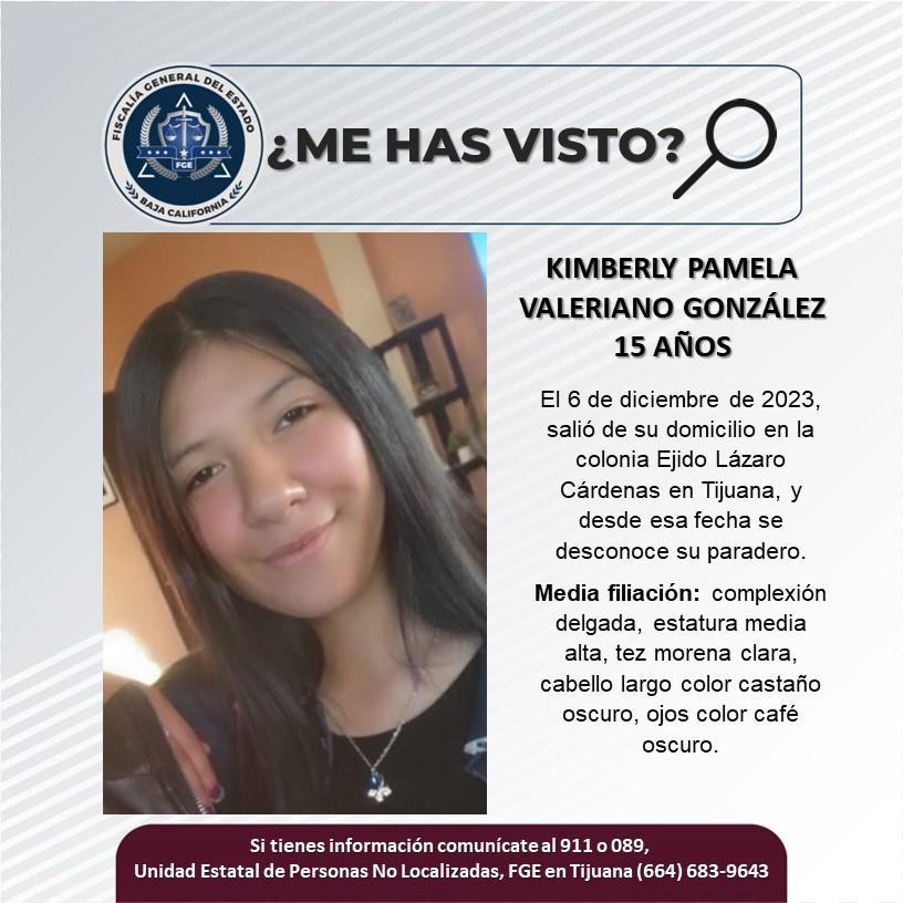 Servicio social: Se busca a Kimberly Pamela Valeriano González de 15 años