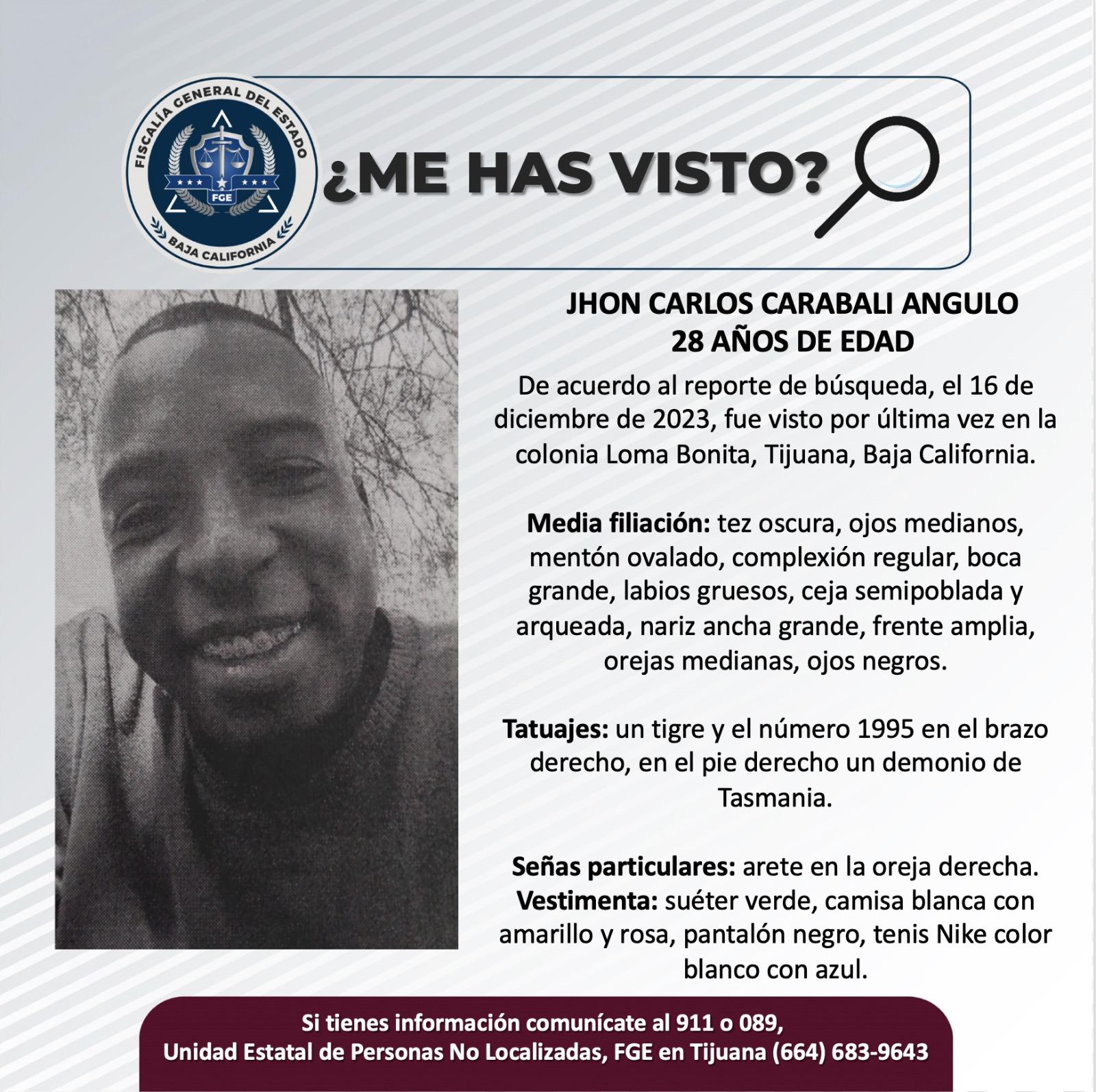 Servicio social: Se busca a Jhon Carlos Carabali Angulo, de 28 años de edad.