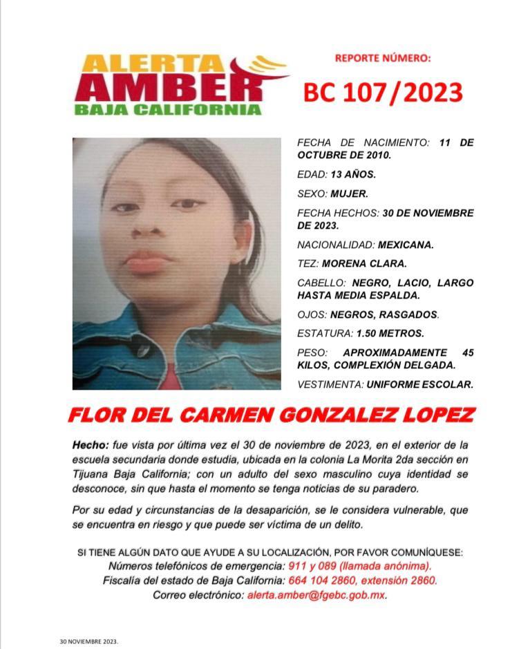 FLOR DEL CARMEN GONZÁLEZ LÓPEZ DE 13 AÑOS DE EDAD