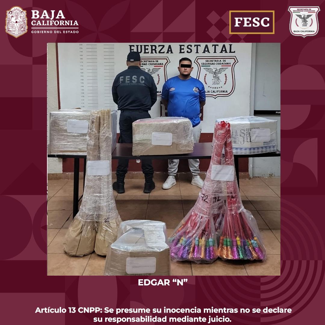 Decomisa fuerza estatal más de 127 kilos de pirotecnia ilegal en el Valle de Mexicali; Detiene a un hombre