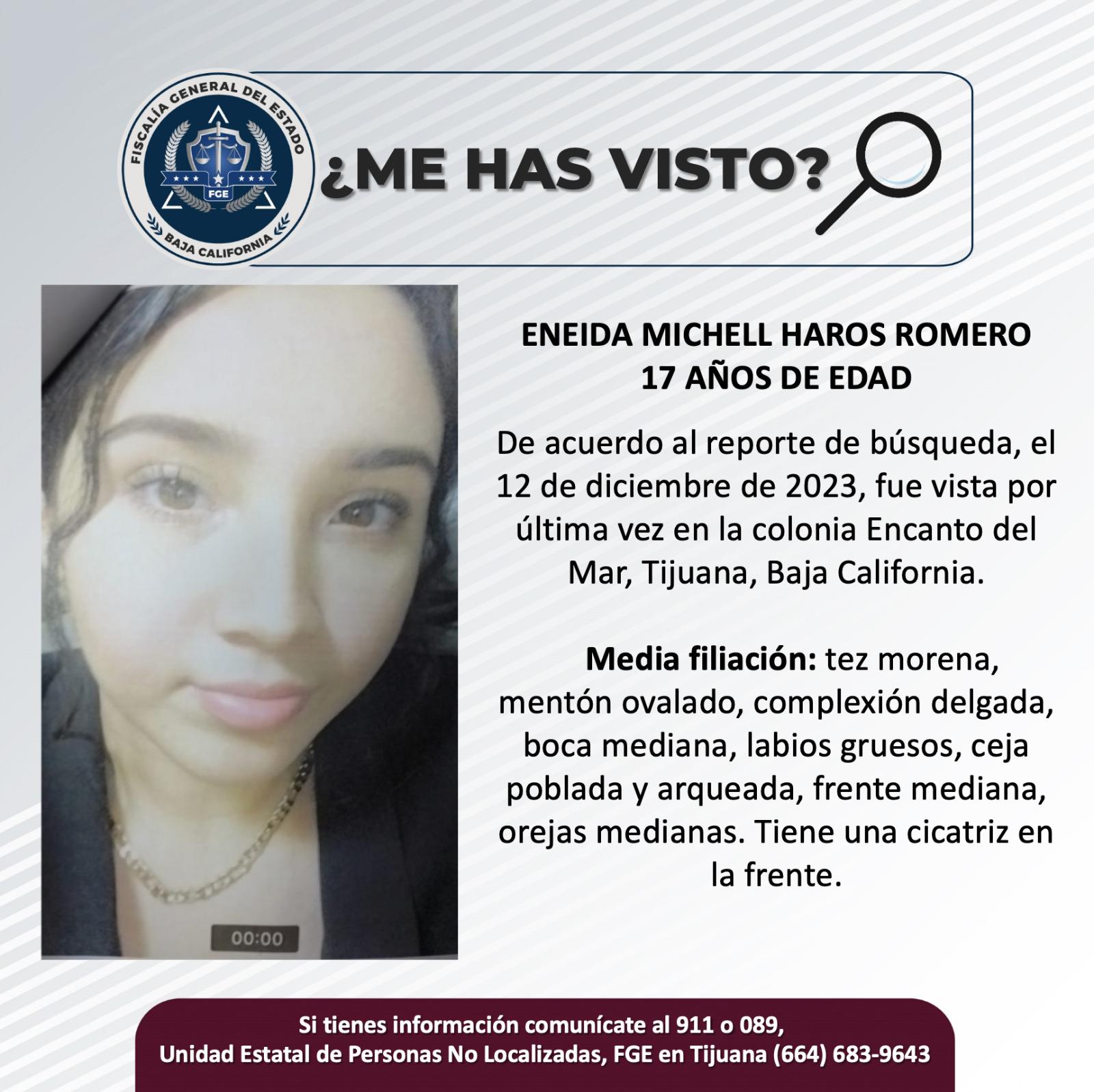 Servicio social: Se busca a Eneida Michell Haros Romero, de 17 años de edad.