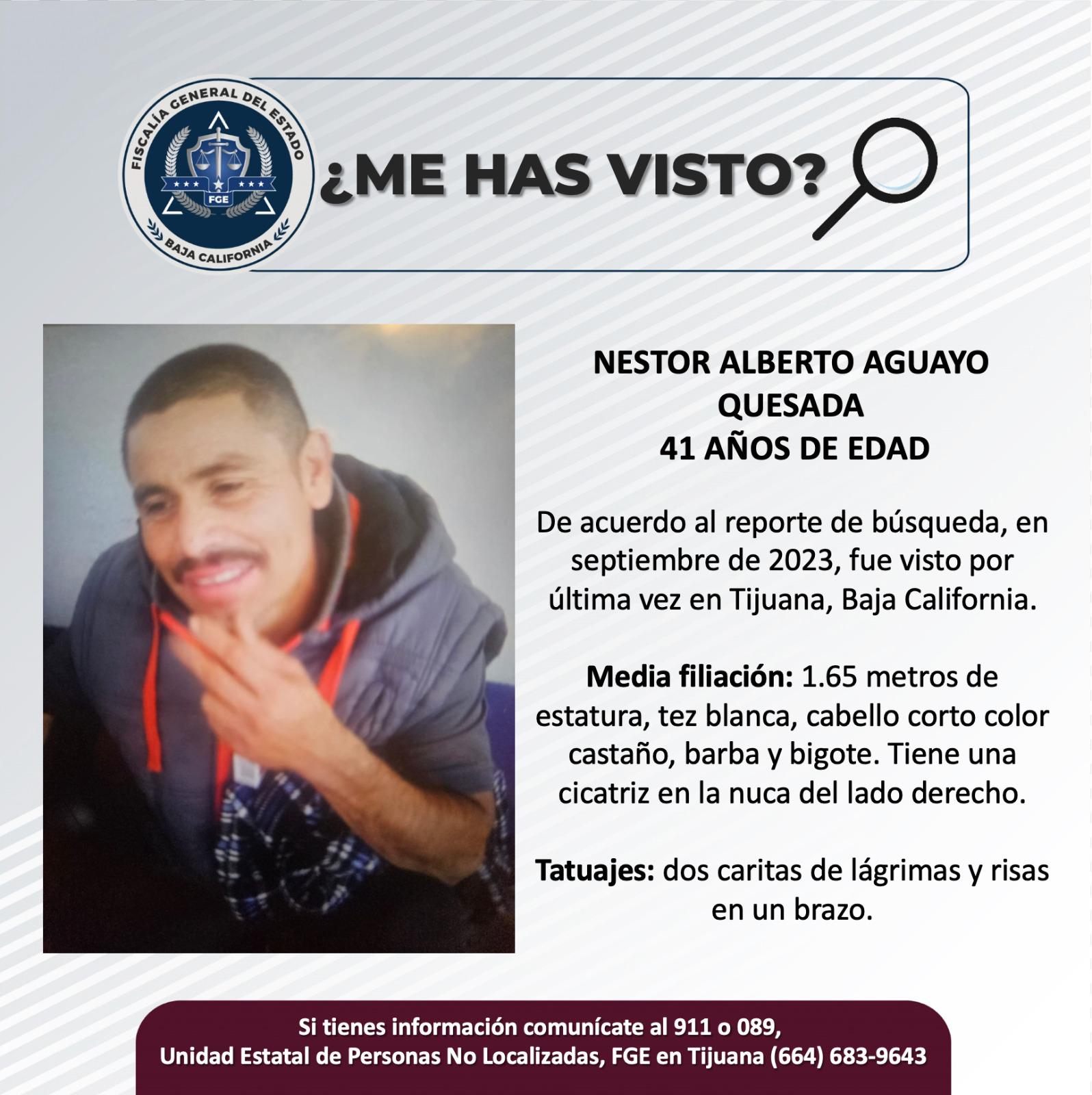 Servicio social: Se busca a Nestor Alberto Aguayo Quesada, 41 años.