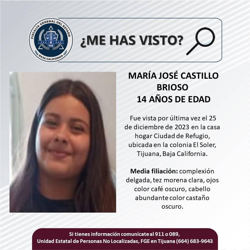 Servicio social: Se busca a María José Castillo Brioso de 14 años