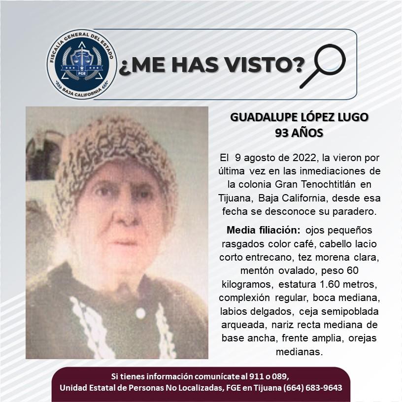 Servicio social: Se busca a Guadalupe López Lugo de 93 años