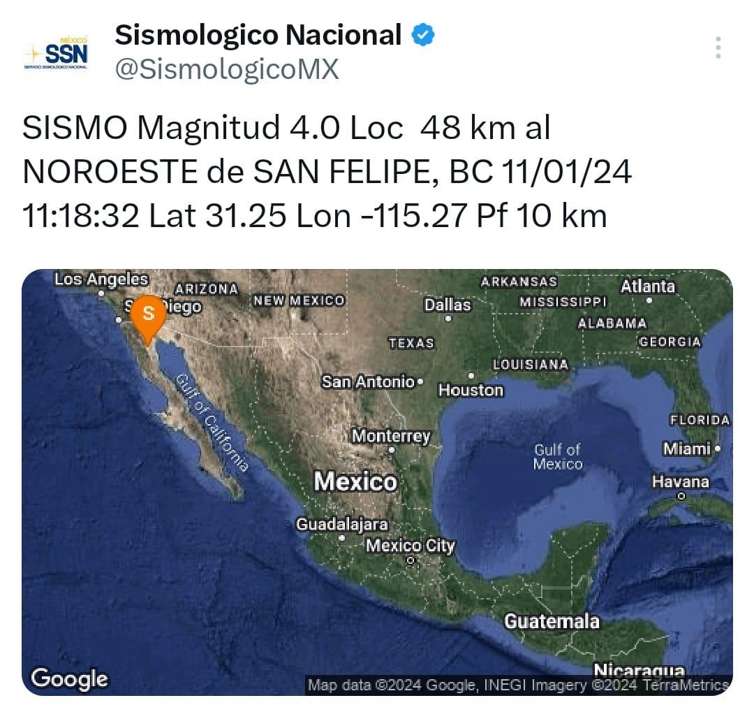 Reporta Protección Civil Baja California sismo magnitud 4.0 en San Felipe