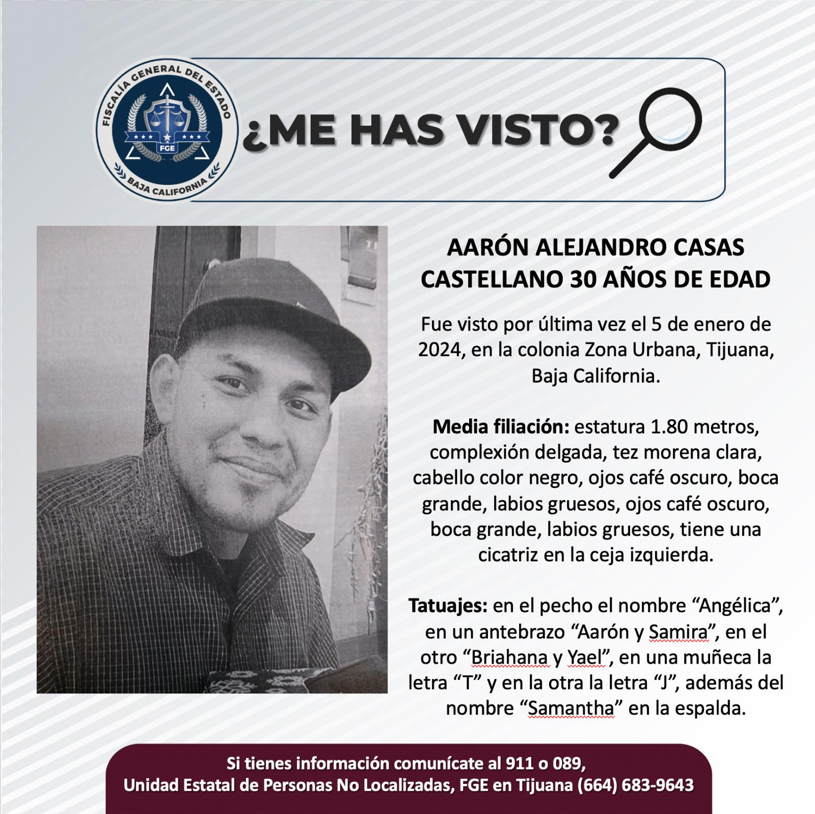 Servicio social: Se busca a Aarón Alejandro Casas Castellano de 30 años de edad.