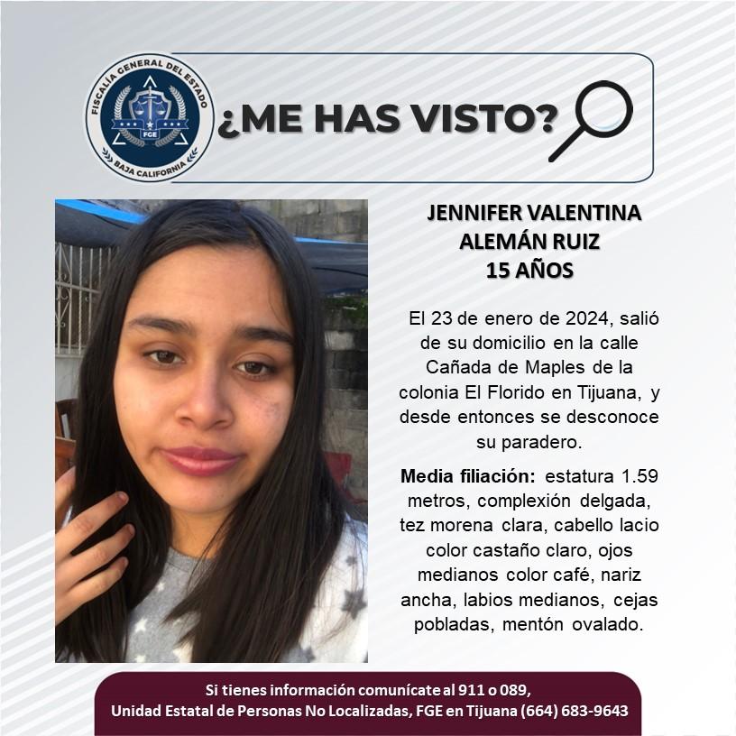 Servicio social: Se busca a Jennifer Valentina Alemán Ruiz de 15 años