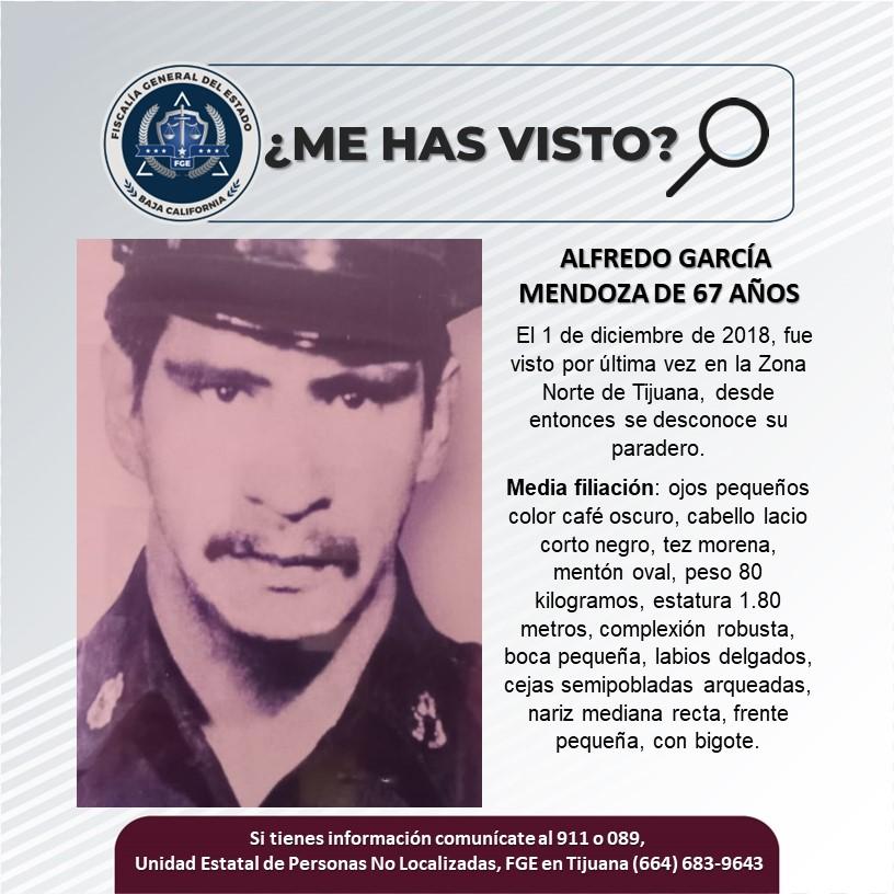 Servicio social: Se busca a Alfredo García Mendoza de 67 años