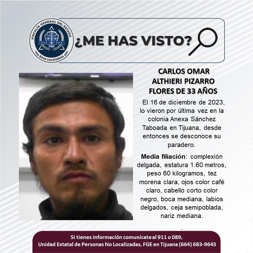 Servicio social: Se busca a Carlos Omar Althieri Pizarro Flores de 33 años