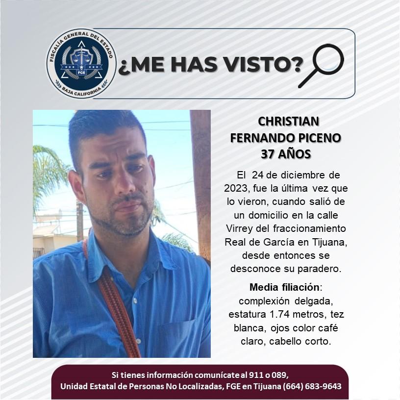 Servicio social: Se busca a Christian Fernando Piceno de 37 años