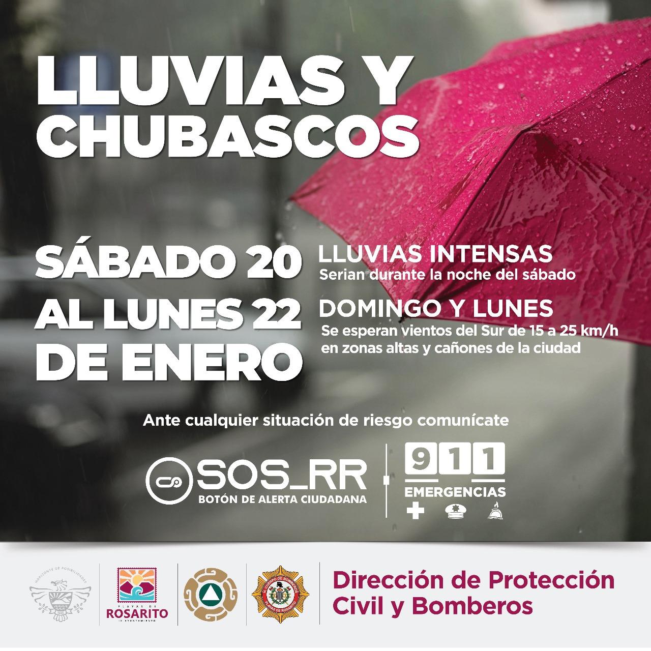 Advierte Protección Civil de Rosarito llegada de lluvias a partir de mañana sábado 20 de enero