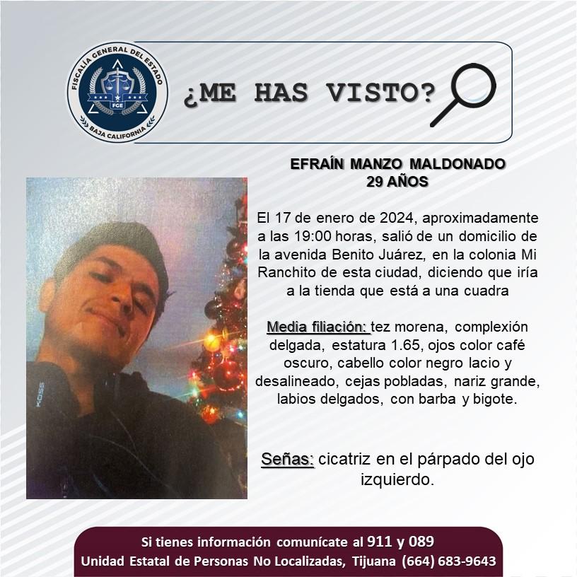 Servicio social: Se busca a Efraín Manzo Maldonado, de 29 años de edad