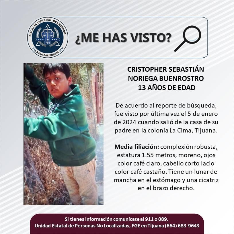 Servicio social: Se busca a Cristopher Sebastián Noriega Buenrostro de 13 años