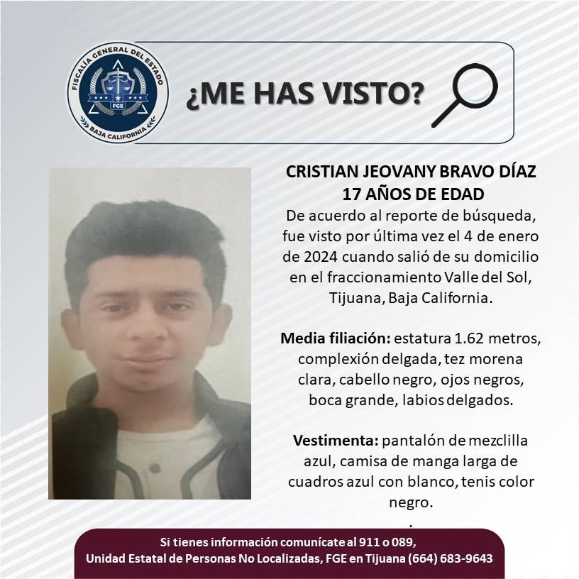 Servicio social: Se busca a Cristian Jeovany Bravo Díaz de 17 años