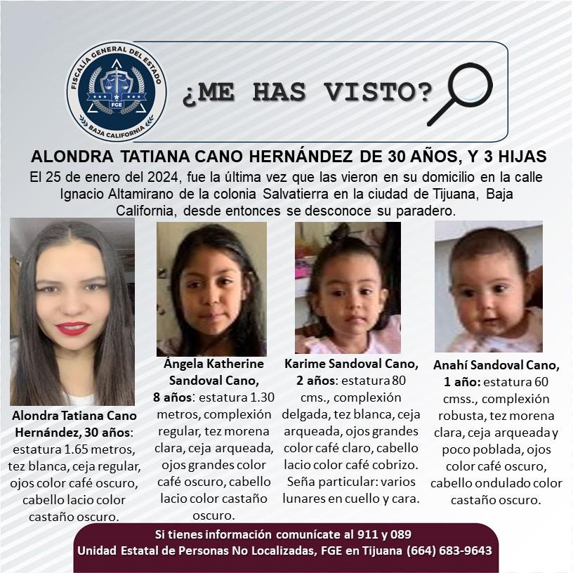 Servicio social: Se busca a Alondra Tatiana Cano Hernández de 30 años, y sus tres hijas