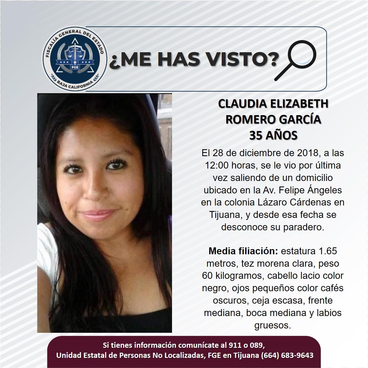 Servicio social: Se busca a Claudia Elizabeth Romero García de 35 años