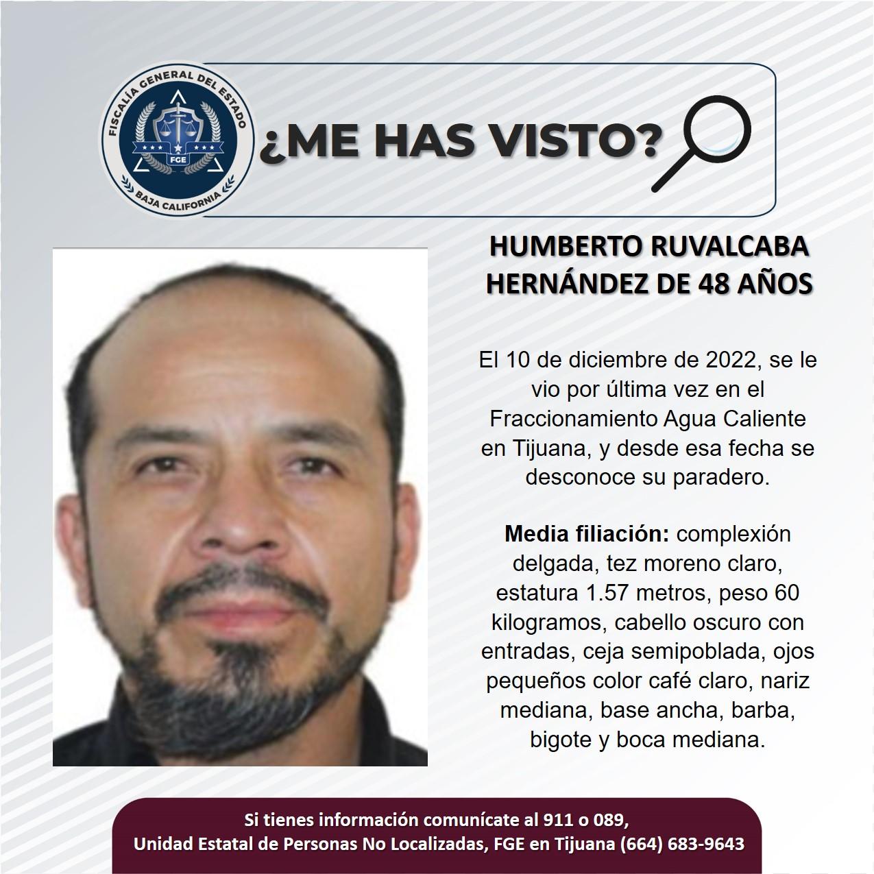 Servicio social: Se busca a Humberto Ruvalcaba Hernández de 48 años