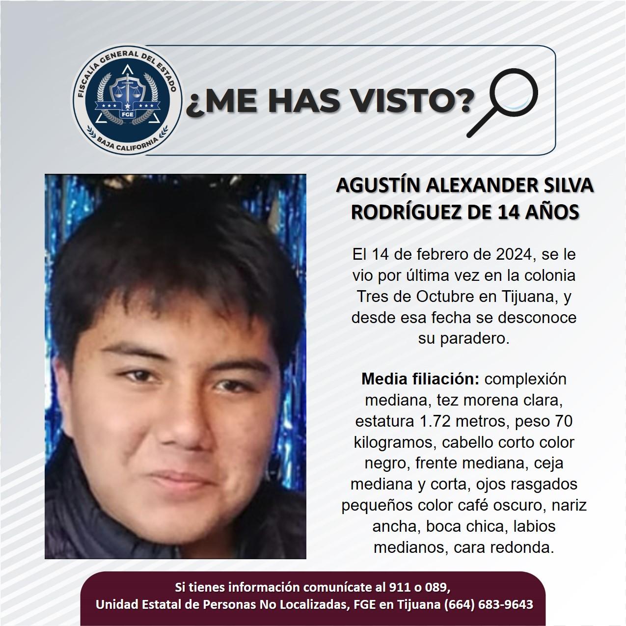 Servicio Social: Se busca a Agustín Alexander Silva Rodríguez de 14 años