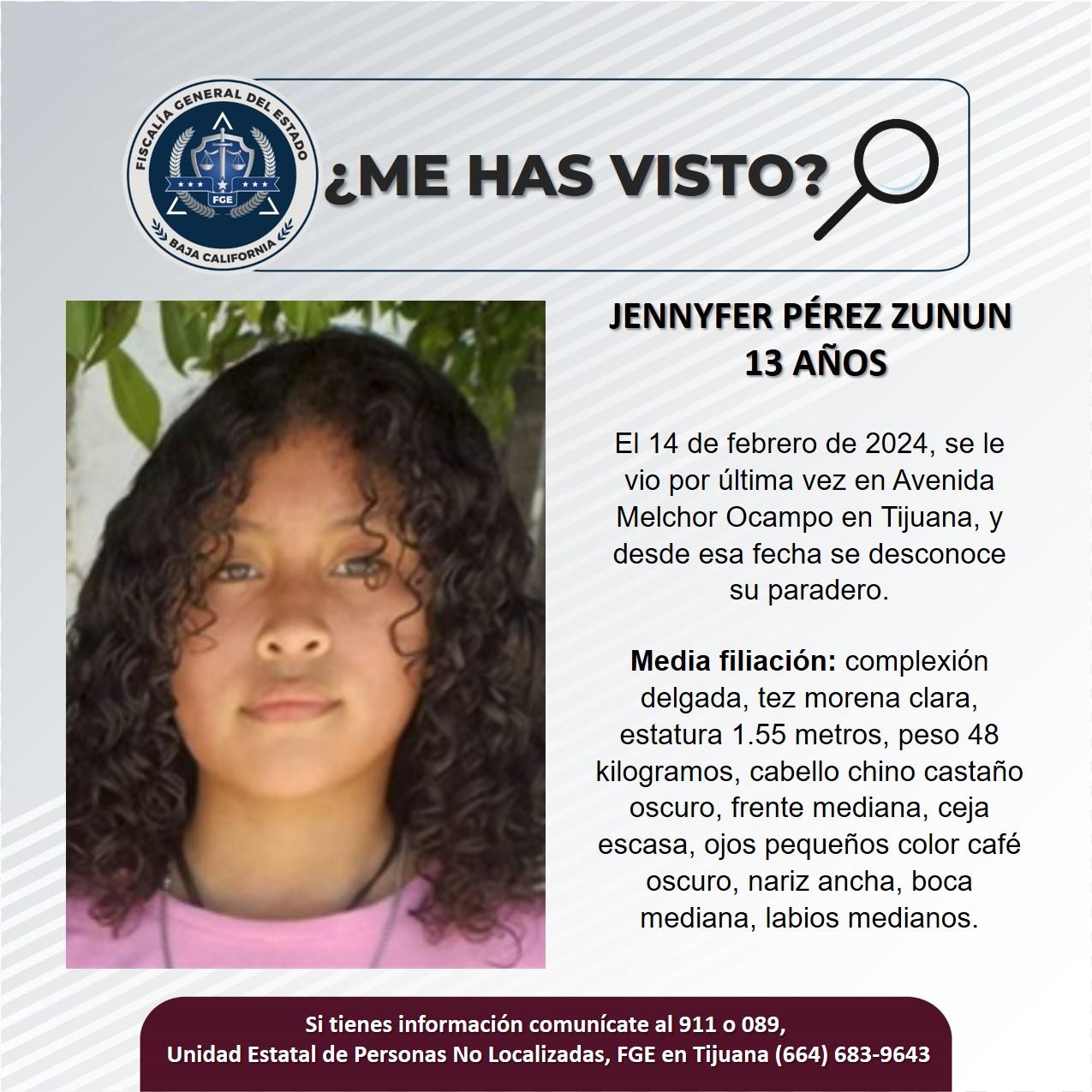 Servicio social: Se busca a Jennyfer Pérez Zunun de 13 años