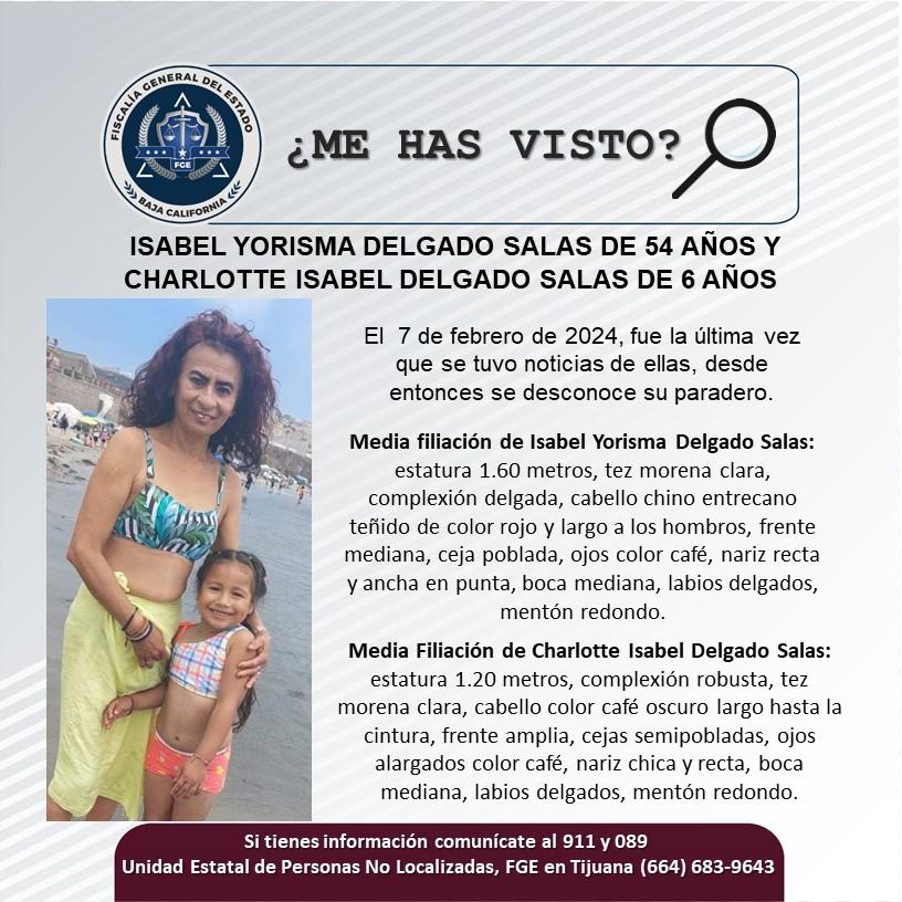 Servicio social: Se busca a Isabel Yorisma delgado salas de 54 años y Charlotte Isabel Delgado Salas de 6 años