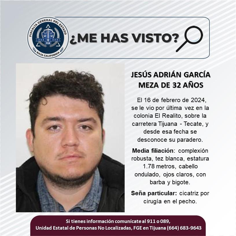 Servicio social: Se busca a Jesús Adrián García Meza de 32 años de edad