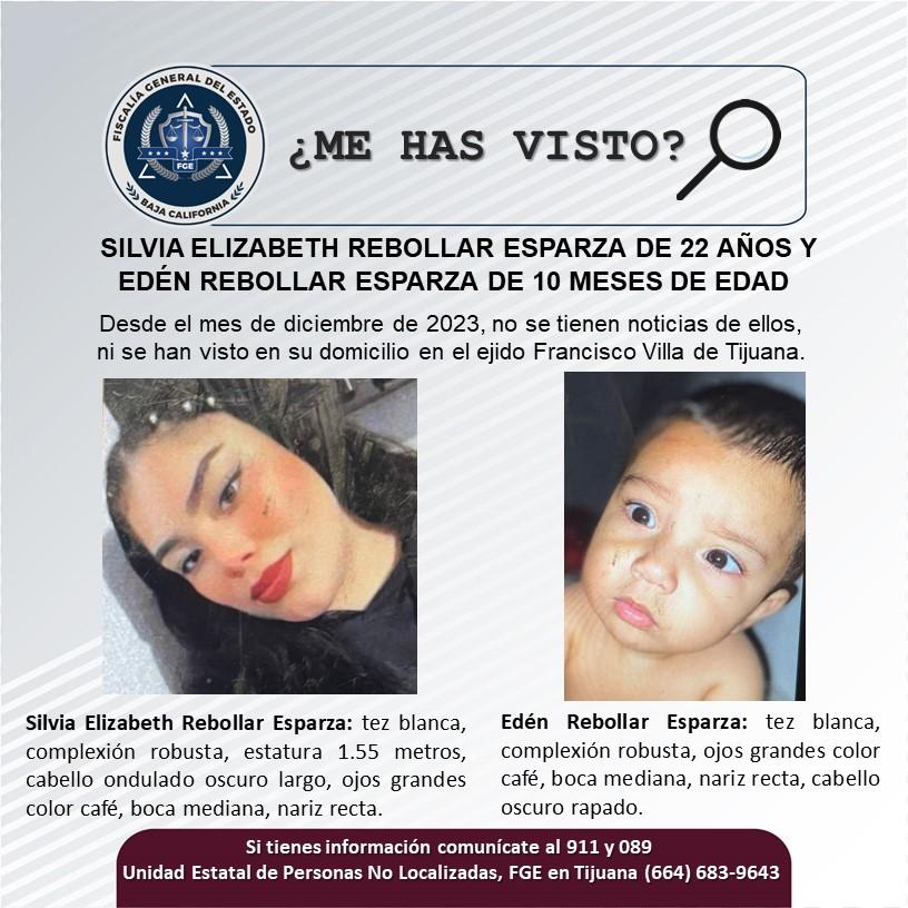 Servicio social: Se busca a Silvia Elizabeth Rebollar Esparza de 22 años y Edén Rebollar Esparza de 10 meses de edad