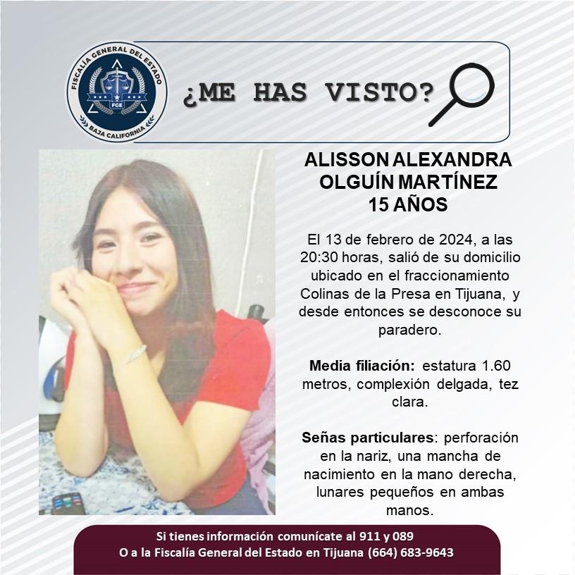 Servicio social: Se busca a Alisson Alexandra Olguín Martínez de 15 años
