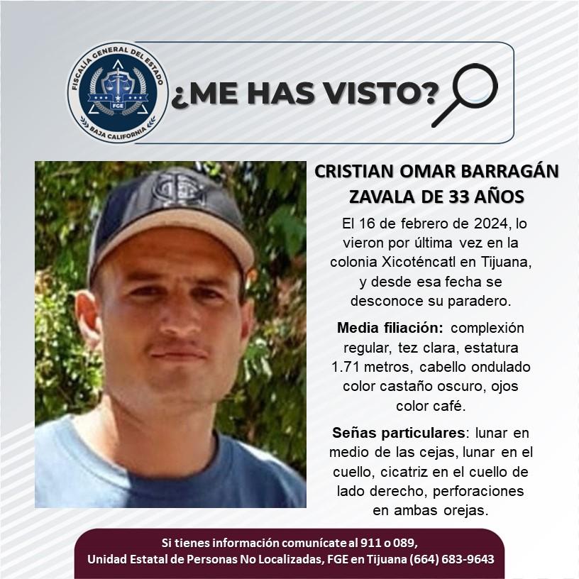 Servicio social: Se busca a Cristian Omar Barragán Zavala de 33 años de edad