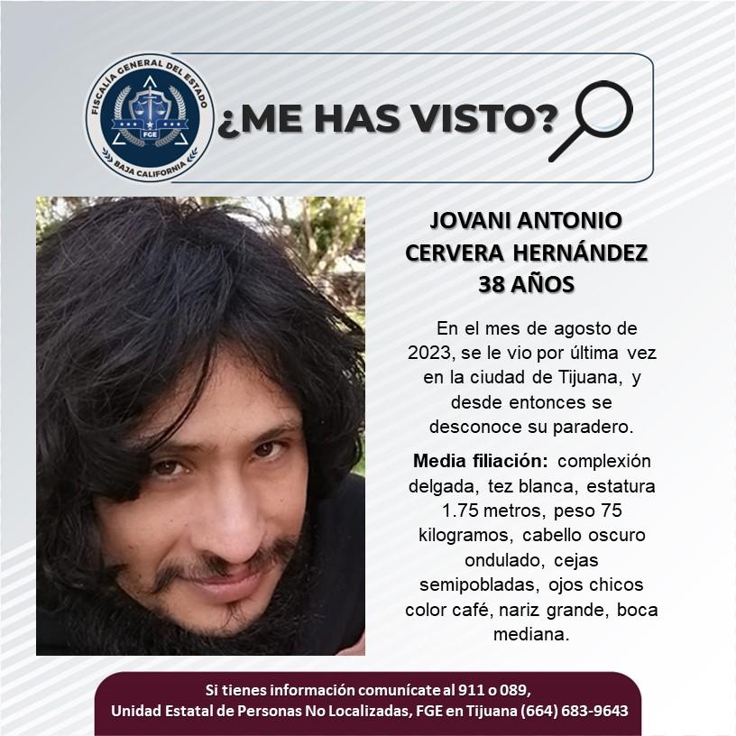 Servicio social: Se busca a Jovani Antonio Cervera Hernández de 38 años de edad