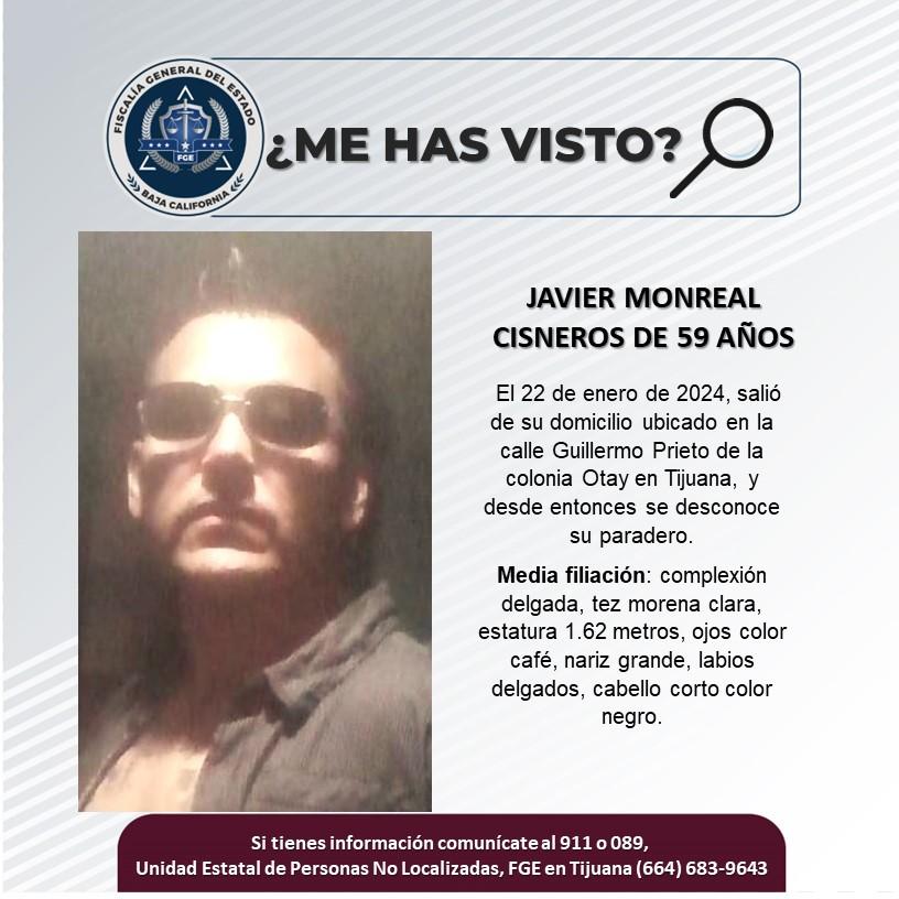 Servicio social: Se busca a Javier Monreal Cisneros de 59 años de edad