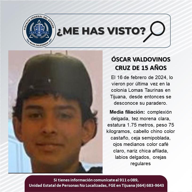 Servicio social: Se busca a Óscar Valdovinos Cruz de 15 años de edad