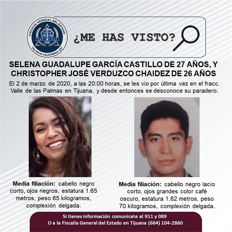 Servicio social: Se busca a Selena Guadalupe García Castillo de 27 años, y Christopher José Verduzco Chaidez de 26 años