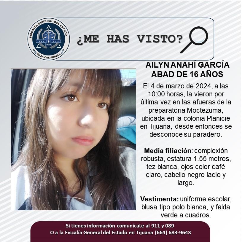 Servicio social: Se busca a Ailyn Anahí García Abad de 16 años