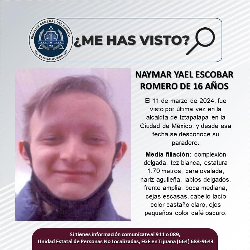 Servicio social: Se busca a Naymar Yael Escobar Romero de 16 años de edad