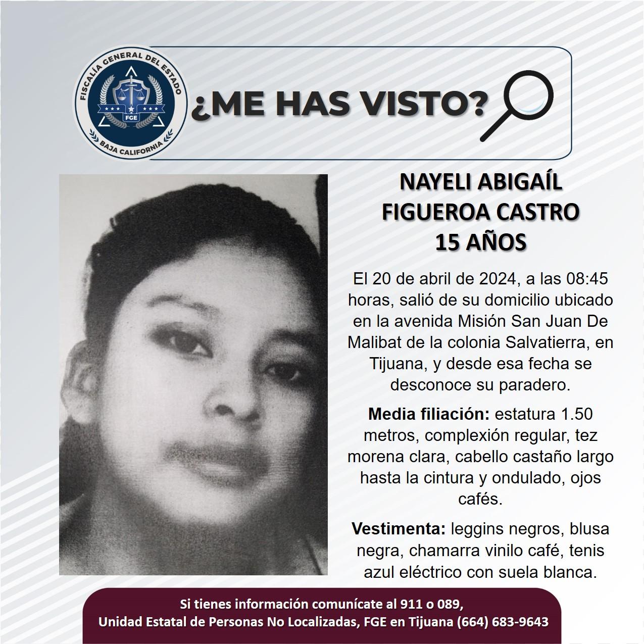Servicio social: Se busca a Nayeli Abigaíl Figueroa Castro de 15 años de edad