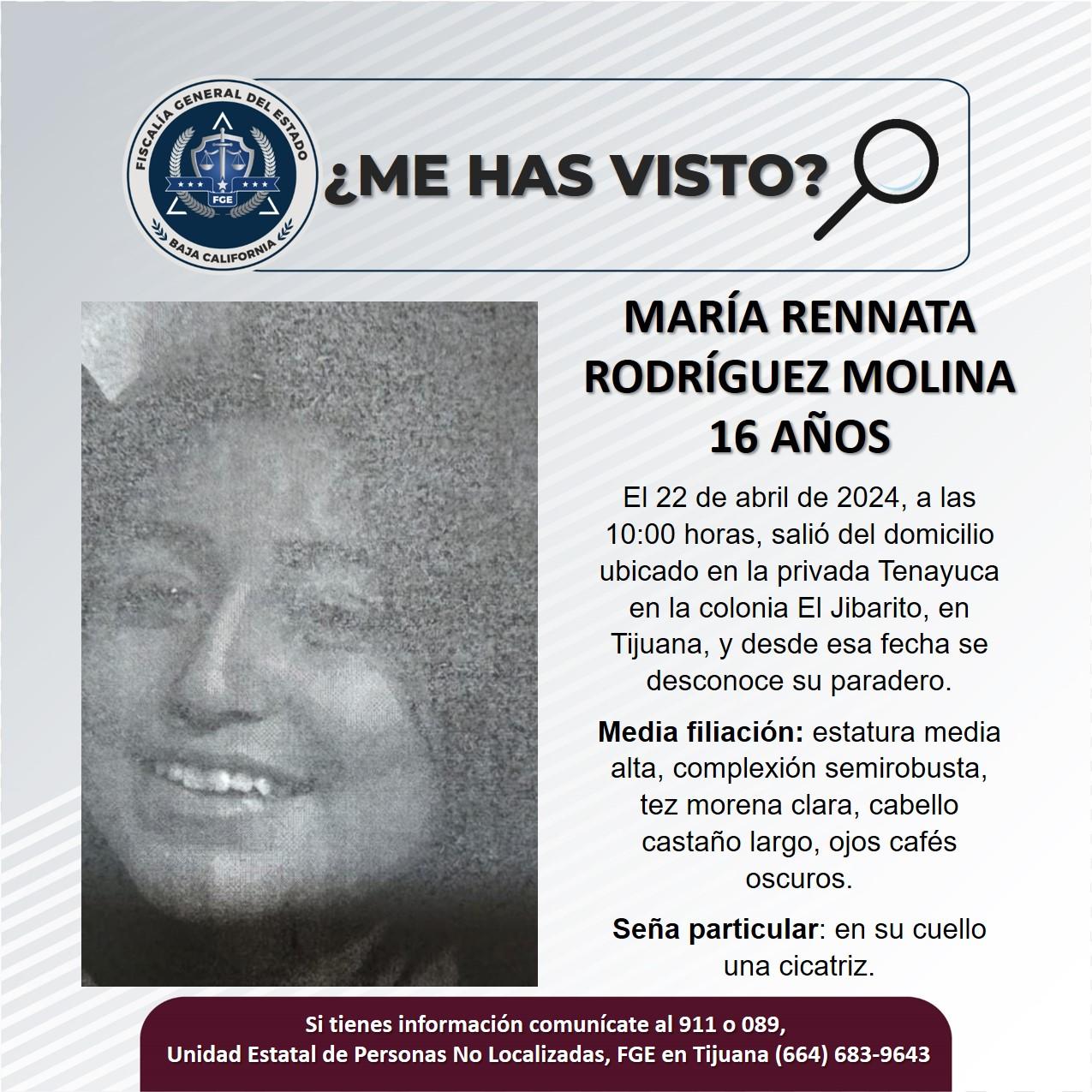 Servicio social: Se busca a María Rennata Rodríguez Molina de 16 años de edad