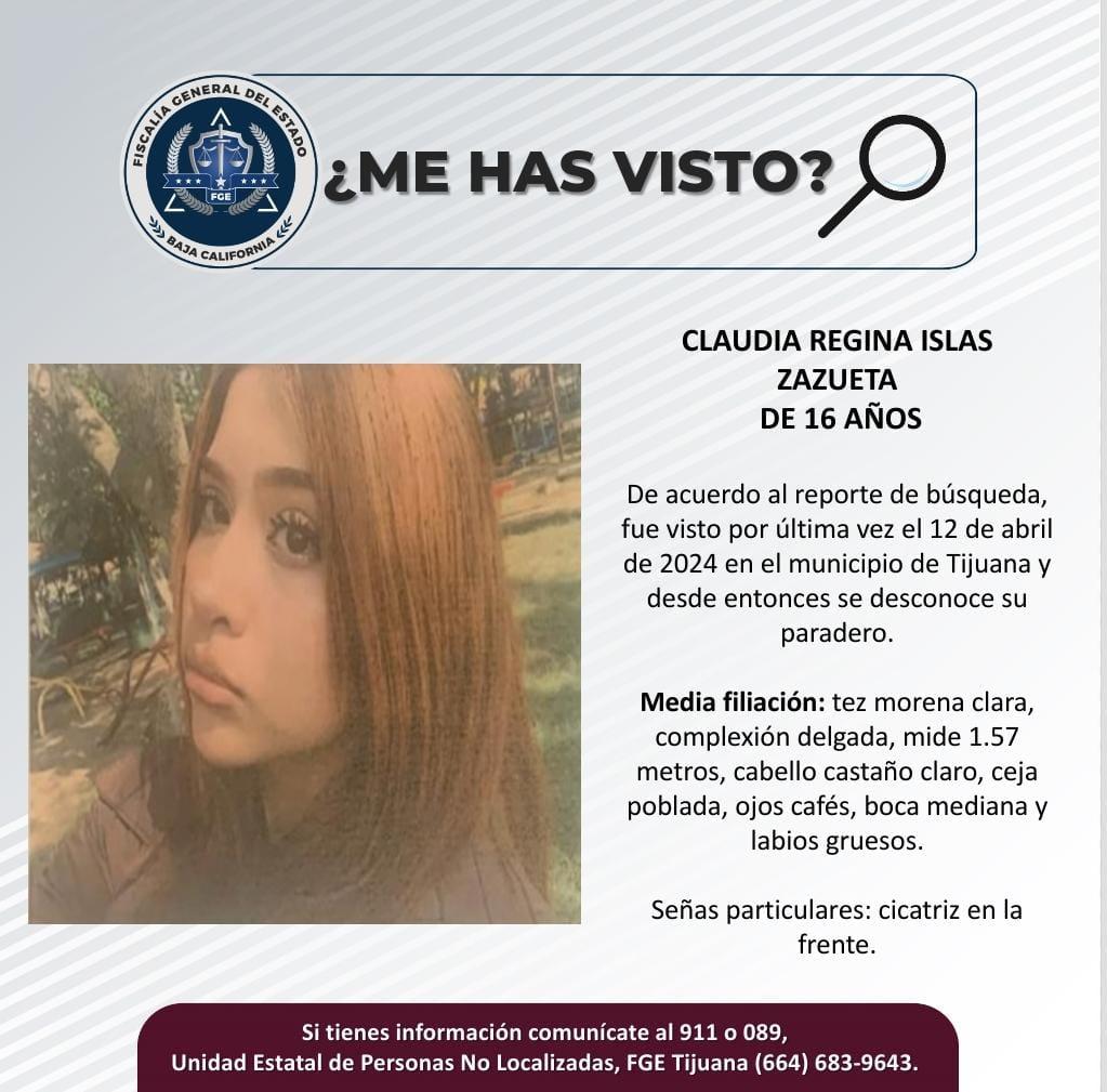 Servicio social: Se busca a Claudia Regina Islas Zazueta de 16 años